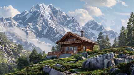 Fototapeta na wymiar Alpine Majesty: Picturesque Chalet with Snow-Capped Peaks