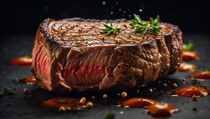 Delicious sliced ​​beef steak. for posters or menus. café. closeup view, roast.