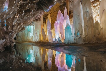 Illuminated Crystal Cave with Reflective Water
