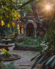 Sunlight streaming through trees in a serene garden with brick arches