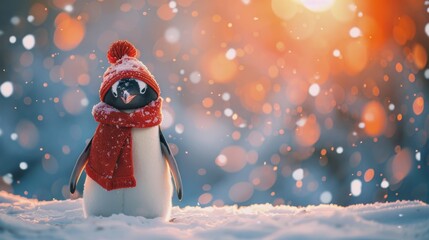 Adorable penguin wearing a festive red hat and scarf set amidst a captivating snowy scene, highlighting the whimsical side of winter