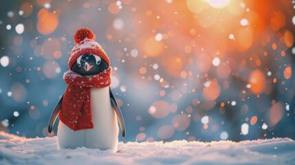 Adorable penguin wearing a festive red hat and scarf set amidst a captivating snowy scene, highlighting the whimsical side of winter - Powered by Adobe