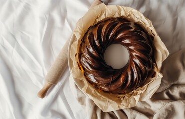 A chocolate bundt cake sits on a white sheet of paper. The cake is covered in chocolate frosting and has a hole in the center. Concept of indulgence and comfort - Powered by Adobe
