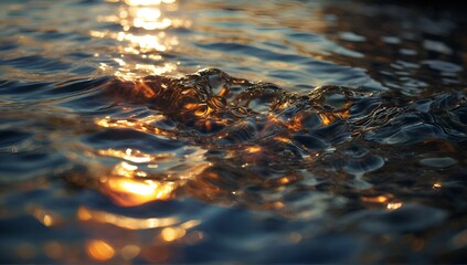 waves on the surface of the lake at sunset.