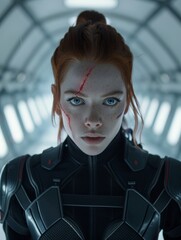 Futuristic female warrior with a determined expression in a sci-fi setting