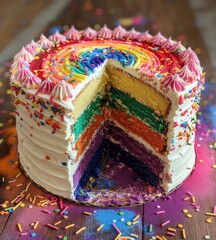 A rainbow cake with a slice missing. The cake is decorated with rainbow sprinkles and has a pink frosting