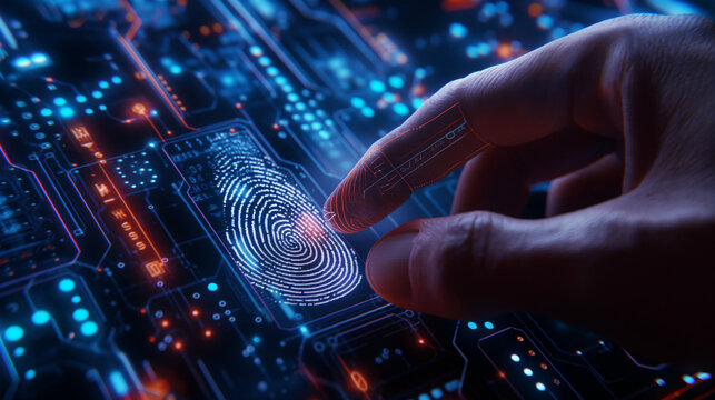 Hand steuert mit einem Fingerabdruck eine moderne Schaltzentrale