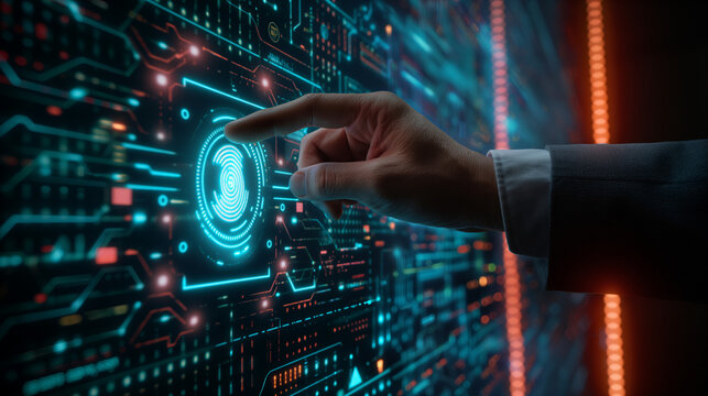 Hand steuert mit einem Fingerabdruck eine moderne Schaltzentrale