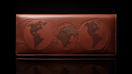 Luxurious brown leather travel wallet with embossed world map design on a dark background