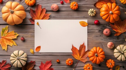 Wooden backdrop with a fall design mockup. White card surrounded by pumpkins and autumn leaves. Concept of harvest invitation, Thanksgiving card, rustic autumn theme, and natural setting.