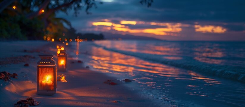 landscape with lanterns burning on the beach at evening. 