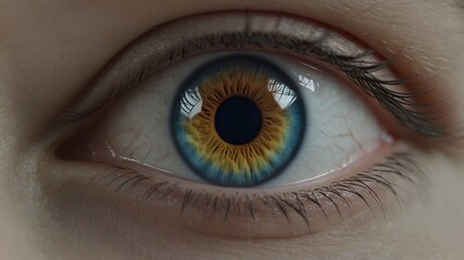 Macro Blue and yellow Eyes close up, eye health and care concept.