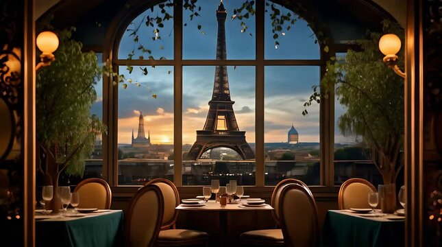 Fine dining experience overlooking  from a window, Parisian backdrop, large arched window, evening setting, concept travel, romantic dinner