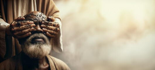 The Healing of the Blind Man. The Blind Man's Eyes Opened by Jesus, Revealing the Miracle of Healing and Spiritual Awakening. The Miracle of Jesus Healing the Blind. Gospel of John