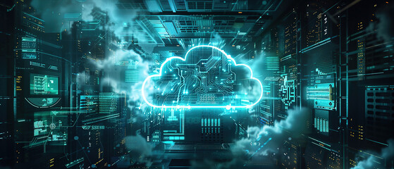 Obraz premium a banner concept for cloud computing A cloud icon figure, inside it of an interior computer with has circuits and screens inside, with empty copy space