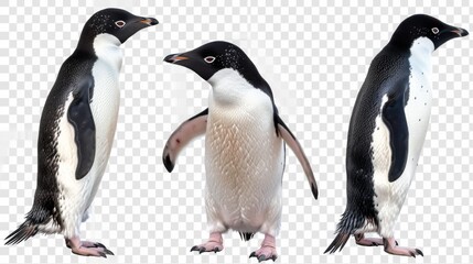 An image featuring three individual Gentoo penguins isolated on a transparent background for clear and multipurpose usage