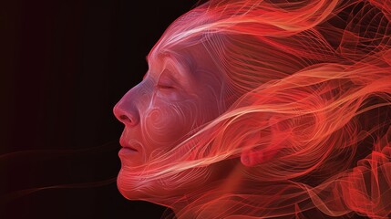 Abstract digital portrait of a woman with flowing red lines