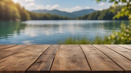 Outdoor wooden podium with lake blurred background.