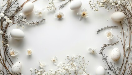 Elegant Easter Eggs and Spring Flowers Arrangement on White Background