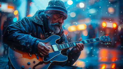 Street musician playing the guitar in a rainy city at night