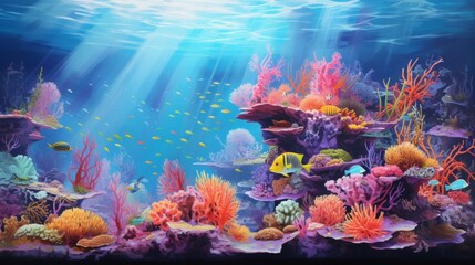 Fototapeta na wymiar Stunning underwater coral reef scene filled with colorful fauna and sunlit waters