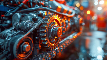 Close-up of the gearbox of a car engine. Industrial background