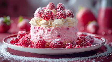 Cupcake with pink frosting and fresh raspberries on a red background