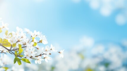 A fresh cherry branch with delicate white blossoms represents the renewal of spring against a bright blue sky background