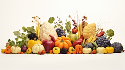 Variety of colorful autumn vegetables and fruits arranged neatly on a white background, showcasing...