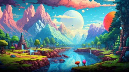 Obraz na płótnie Canvas Vibrant pixel art landscape with sunset over mountains and lake, evoking peace and inspiration