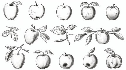 A sophisticated set of monochrome apple drawings showcasing different views and stages of growth with intricate shading