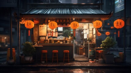 An atmospheric image of a warmly lit traditional Asian street food stall with lanterns on a drizzly evening