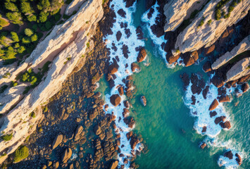 Bird's-eye view of a rocky coastline at sunset, gentle waves. AI generated.