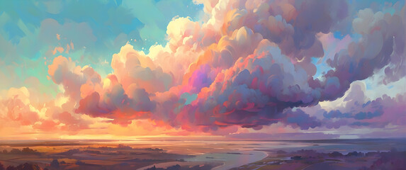 Fototapeta premium A digitally-painted landscape captures a stunning and colorful sunset, filled with voluminous clouds, serenity, and beauty