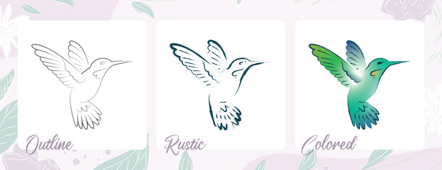 hummingbird (colibrí) outline, rustic and colored © zay_ramos