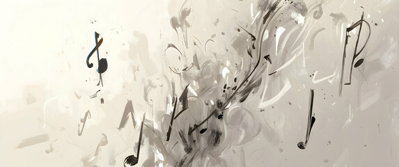 This is an abstract cascade of musical notes and ink splashes, evoking a sense of chaos and creativity amid harmony