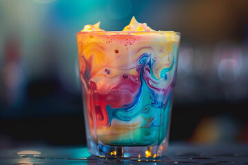 A transparent glass filled with swirling, colorful smoothie. - obrazy, fototapety, plakaty