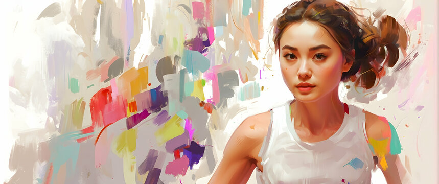 An energetic and colorful painting depicts a female runner in action, with a vibrant abstract background