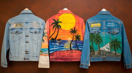 Hand-painted vintage denim jacket with colorful cityscape and sunset design