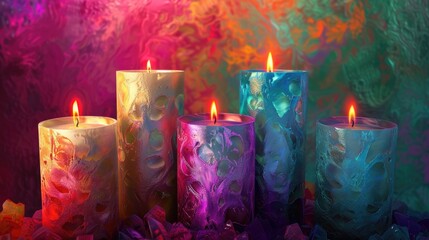 A row of colorful, lit candles against an abstract, vibrant background