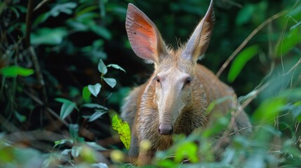 Obraz premium Close-up of a vigilant aardvark with prominent ears among lush green foliage, showcasing its unique features