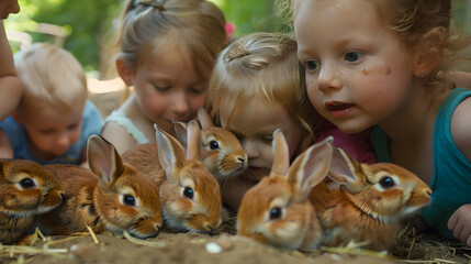 A bunch of joyful kindergarteners gazing at and cuddling red baby rabbits in a schoolyard habitat. It is a close-up capture on a radiant summer day.  - obrazy, fototapety, plakaty