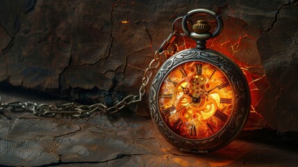 Striking image of an antique pocket watch with a vibrant glowing core and cracked glass