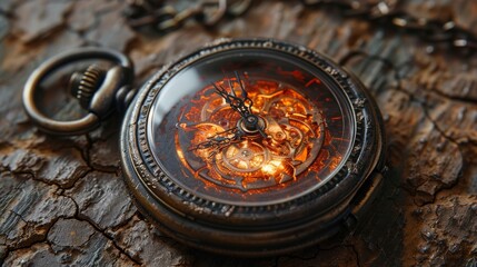 Striking image of an antique pocket watch with a vibrant glowing core and cracked glass