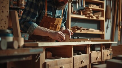 An experienced artisan carefully shapes wooden elements, demonstrating the art of fine woodworking in his cluttered workshop. AIG41