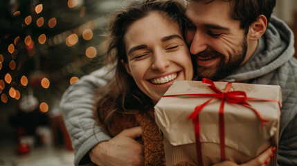 Smiling Young Couple In Love, Man Surprising Girlfriend With Gift On Valentine'S Day, Celebrating Romance And Happiness Together