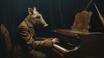 A surreal image featuring a pig dressed as a human, playing the piano in a dark, moody setting, evoking a sense of talent and passion