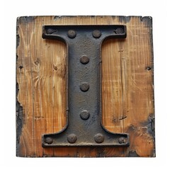 Vintage metal letter I on a wooden background