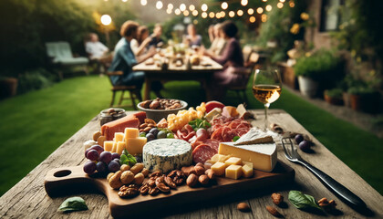 A close-up of a charcuterie board filled with an assortment of cheeses, meats, nuts, and fruit,...