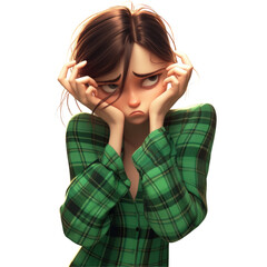 A stunning young animated woman clad in green plaid pajamas is depicted with her tired hands shielding her face embodying feelings of depression sadness and frustration over a challenging i